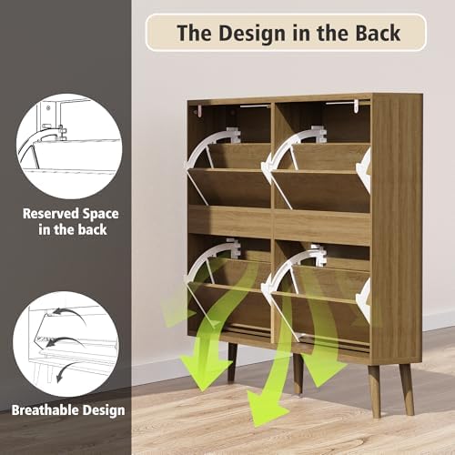 KIGOTY Narrow Shoe Storage Cabinet, Shoe Cabinet with 4 Flip Drawers, Freestanding Shoe Organizer with Legs for Entryway, Slim Shoe Rack Cabinet for Enterway (Light Brown, 4 Flip Drawer)