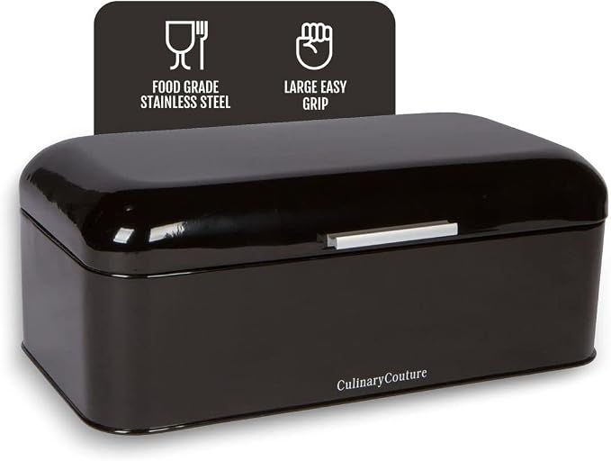 Extra Large Black Bread Box for Kitchen Countertop 16" x 9" Holds 2 Loaves | Stainless Steel Vintage Bread Boxes for Kitchen Counters