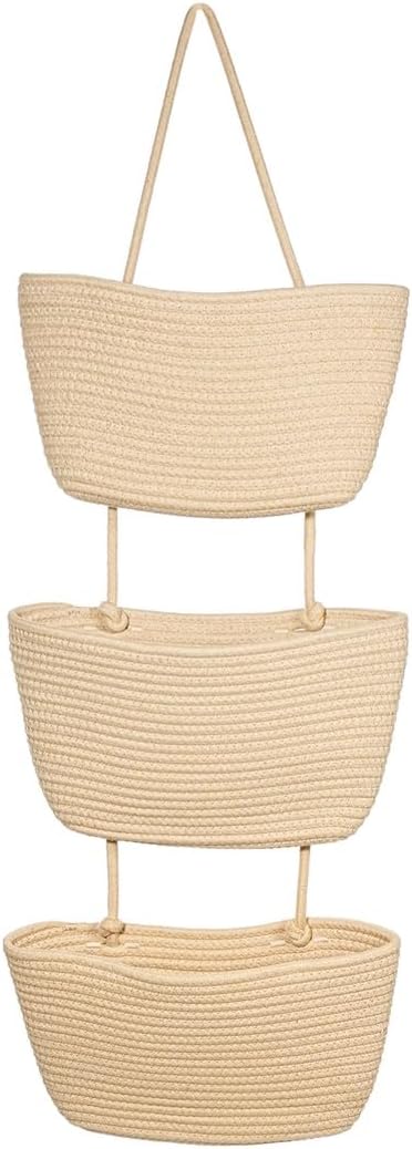 Over the Door Hanging Basket, 3 Tier Cotton Rope Woven Wall Mounted Organizer with Over Door Hook, Detachable Storage Baskets for Living Room, Bedroom, Bathroom, Closet, Home Decor