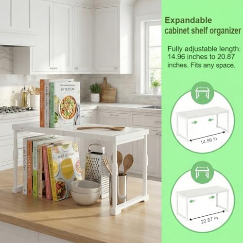 Expandable Cabinet Shelf Organizer,Adjustable Kitchen Counter Shelf,Multi-Functional Stackable Kitchen Pantry Counter Storage,Applicable to Kitchen Bathroom Cabinet Shelves White 1 Pack