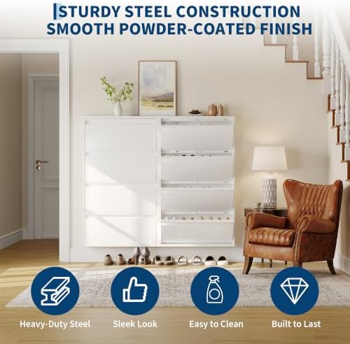 Garvee Slim Metal Shoe Cabinet with 4 Flip Drawers for Entryway, White | Narrow Shoe Storage, Wall Mounted or Floor Standing, Detachable Bottom Corners for Flexible Placement, Anti-Tip Wall Mount