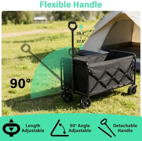 Folding Wagon Cart with All-Terrain Wheels – Heavy Duty Collapsible Utility Wagon for Grocery, Sports, Garden, Camping, Shopping (Black 500LBS)