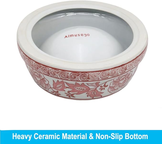 Aimusego Pink & White Ceramic Dog Bowl,Chinoiserie Floral Heavy Duty Non-Slip Dog Food Water Bowls, Ceramic Dish for Medium and Small Dogs and Cats, for Pet Owners,Puppy 9inch