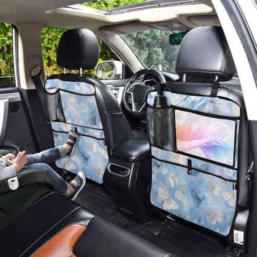 2 Pack Back Seat Car Organizer with Storage Pockets Kick Mats Back Seat Protector Hanging Car Organizer Automotive Seat Back Cover Organizers Sky Blue and White Butterflies