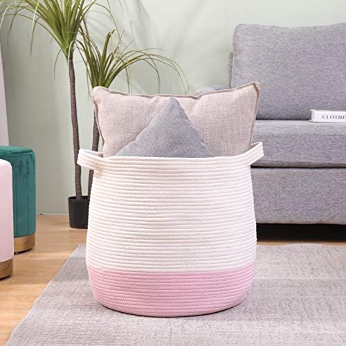 Large Cotton Rope Basket, Woven Storage Basket for Toy, Laundry and Blanket Organizer, Round Hamper Basket with Handles for Kid's Room 17.7"x16.9"
