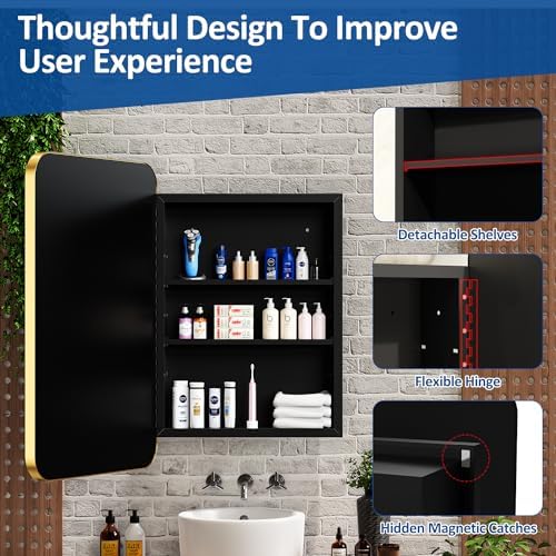 ACEMIRO 24x30 Inch Bathroom Medicine Cabinet with Mirror Gold Metal Framed Recessed or Surface Wall Mounted Mirrored Medicine Cabinets for Bathroom