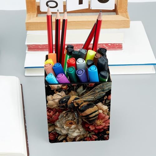 Cute Bee Pen Holder for Desk Decor, Rectangular PVC Leather Pencil Cup for Desk Pen Organizer, Makeup Brush Holder for School, Home, Office