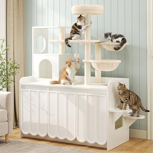 50.6 Inch Cat Tree with Litter Box Enclosure and Storage, White | Hidden Litter Box Cabinet with Multi-Level Platforms, Dual Hammocks, Sisal Scratching Posts, Condo and Top Perch for Play