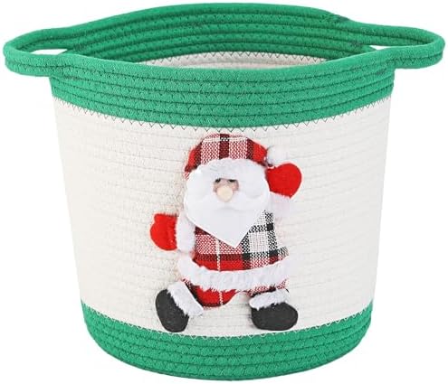 Christmas Gift Basket Empty, Christmas Decoration Storage Basket with Handle for Holiday, Baby Gift Basket for Toys, Towels, Diapers, Woven Cotton Rope Basket With Santa Claus, Green