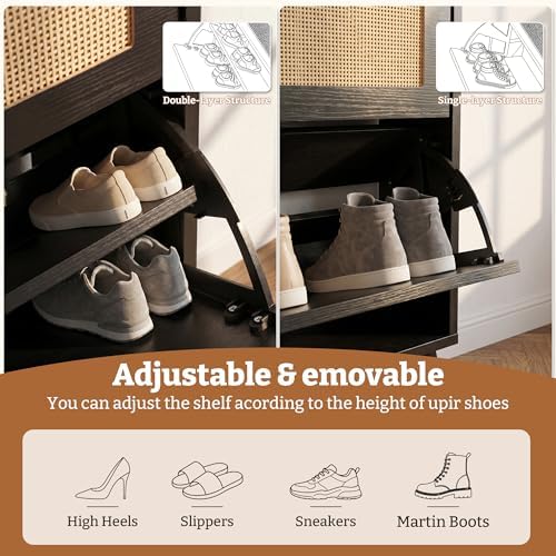 2 Flip Drawers Shoe Cabinet Storage for Kid’s/Women, Narrow Shoes Organizer Cabinetfor Front Door Entrance, Free Standing Hidden Wooden Shoe Rack (Black)