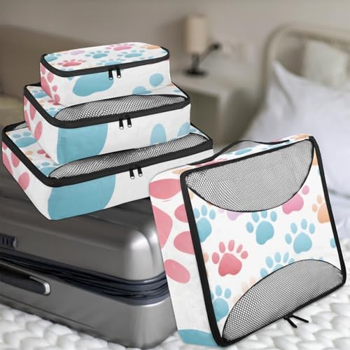 Dog Paw Print 4 Set Packing Cubes Luggage Organizer Bags for Travel Accessories and Essentials, Cute Animal Dog Paw Print