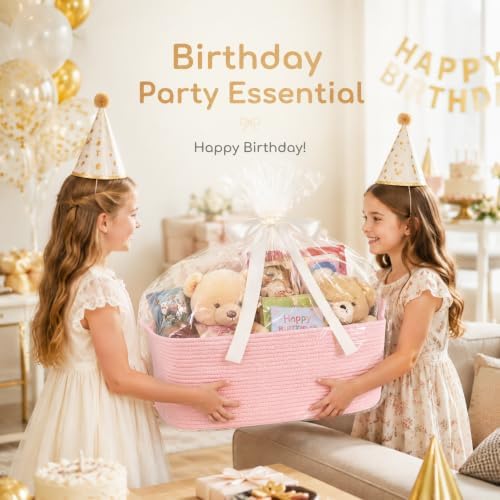 OIASKET Large Empty Cotton Rope Gift Basket with Handles, 16.5"x12.6"x7" Decorative Woven Storage Basket with Gift Bag and Ribbon Set for Baby Shower, Toy Organizer for Kids, Dogs & Cats - Pink