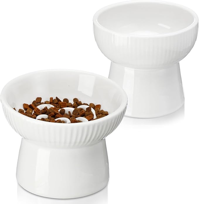 2 Pcs Cat Slow Feeder Bowl, Raised Ceramic Cat Slow Feeder Bowl, Elevated Cats Dog Food Bowls High Edge, Anti Vomiting for Pets Kitten Puppies Dry Wet Food and Water, Dishwasher Safe