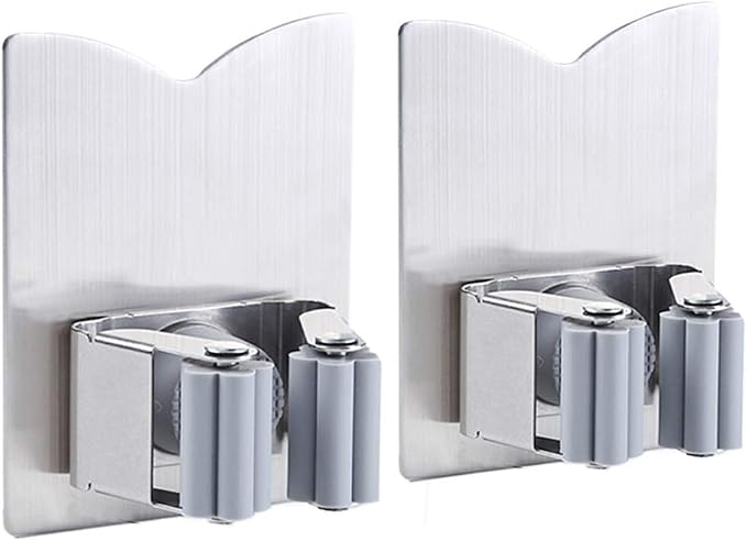 HANZE Stainless Steel Mop Broom Holder Organizer, Self Adhesive Wall Mounted Mop Organizer Storage Rack Clip for Kitchen Bathroom and Garage (Model 2 (2 Pakck))