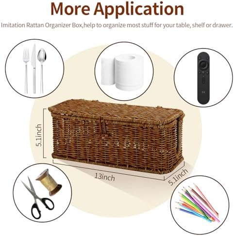 Cable Management Box, Desk Handwoven Rattan Cord Hider Cable Organizer Box With Lid Button Lock, Power Strip Cover Wicker Decorative Basket, Floor Wire Hiding Extension Cord Box (dark brown)