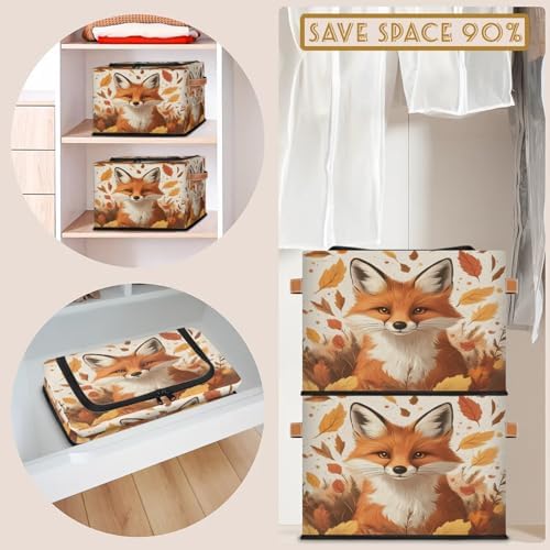 Fox Storage Bins with Zipper Lid Autumn Maple Leaves Foldable Fabric Organizer Box with Handles Rectangular Closet Clothes Organizer Containers