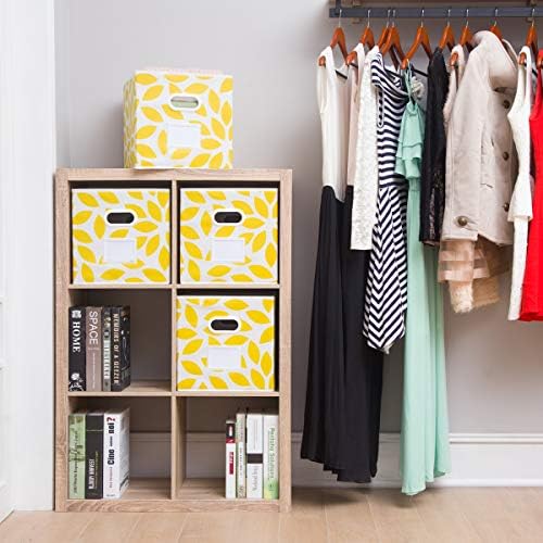MAX Houser 4 Pack Foldable Fabric Storage Bins with Plastic Handles, Yellow | Collapsible Space-Saving Fabric Cube Storage Organizer Bins, Non-Woven Fabric with Reinforced Grommet Handles