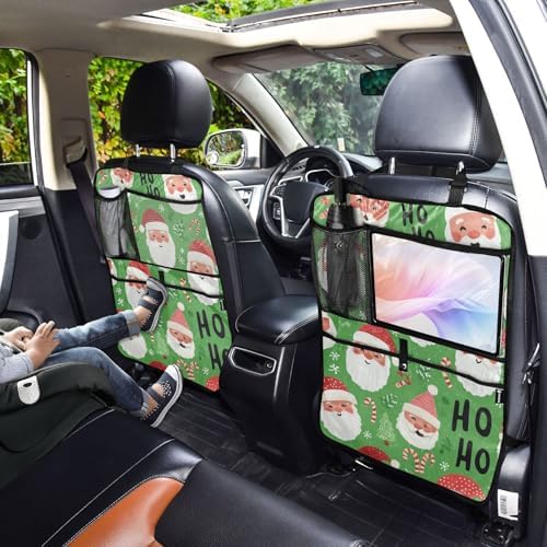 2 Pack Back Seat Car Organizer with Storage Pockets Kick Mats Back Seat Protector Hanging Car Organizer Automotive Seat Back Cover Organizers Bright Green Christmas Santa Claus