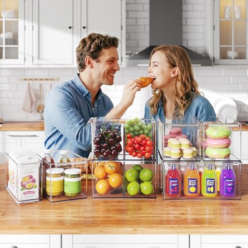 Clear Plastic Storage Bins with Dividers for Fridge Pantry Organizers and Storage Containers, 3 Pack Large Acrylic Stackable Sturdy Storage Boxes for Home Edit and Cabinet Organizers C6-2