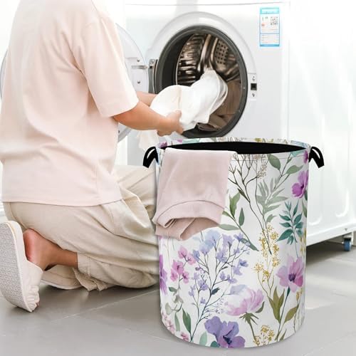 Wildflower Plant Laundry Basket,Botanical Oxford Cloth Laundry Hamper with Handle Foldable Portable Clothes Storage Basket for Bathroom Bedroom Dorm Room 16" x 20.8"