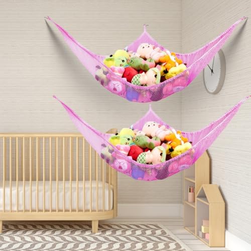 Stuffed Animal Hammock, Stuffed Animal Toy Net Hammock Wall Sling Corner Extra Large Mesh Plush Net Organizer (Pink 2 Pack, 70 inch)