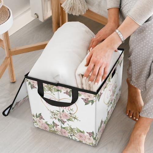Flower Storage Bin with Lid Personalized Storage Baskets for Organizing Foldable Closet Organizers with Handles,Cute Basket for Boys Girls for Clothes Blanket Pet Dog Toy Basket Storage (2 Pack)