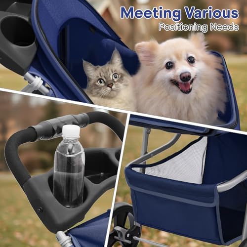 Foldable 3-Wheel Pet Stroller for Small Dogs & Cats, Navy Blue | Storage Basket & Cup Holder, Breathable Mesh Cover, Lightweight and Durable, for Small to Medium Pets, up to 33 lbs