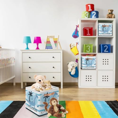 Personalized Storage Baskets for Organizing, Foldable Storage Bins with Handles Custom Cute Basket for Boys, Girls, Pet, Clothes, Blanket, Bedroom Nursery Toy Storage Gift,13 x13 x13 In,Dinosaur
