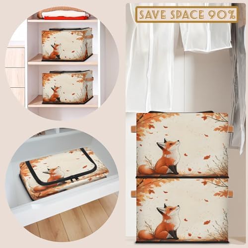 Fox Forest Animals Storage Bins with Zipper Lid Autumn Maple Foldable Fabric Organizer Box with Handles Rectangular Closet Clothes Organizer Containers
