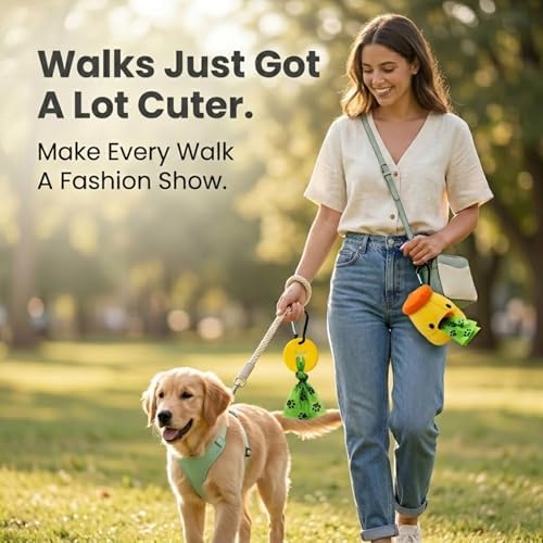 Dog Poop Bag Holder with Hands-Free Used Bag Clip & 1 Roll Bags | Cute silicone design with leash attachment and hands-free clip, making dog walking cleaner and more convenient outdoors