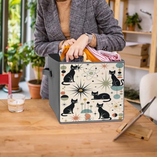 Black Cats Atomic Stars Yellow Storage Bin with Handles, Oxford Fabric Foldable Storage Cube Organizer for Clothes, Towels, Bedroom, Living Room, Home Organization