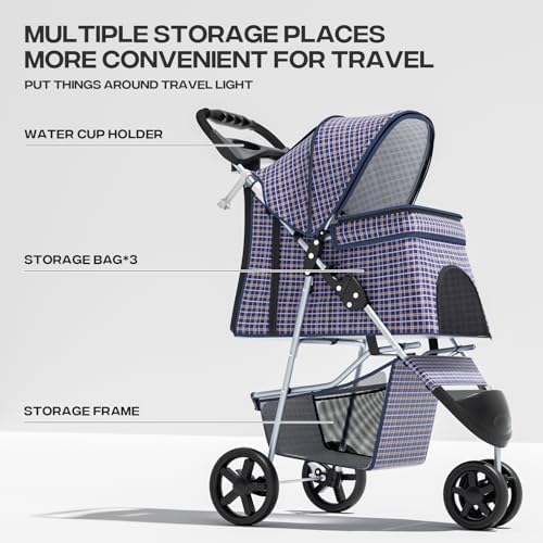 Foldable 3-Wheel Pet Stroller for Small/Medium Dogs & Cats, Plaid | Storage Basket & Cup Holder, Breathable Mesh Cover, Lightweight and Durable, for Small to Medium Pets, up to 33 lbs