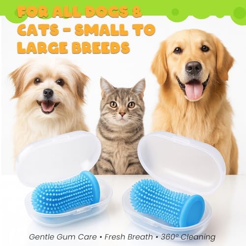 Dog Toothbrush Kit, 360° Silicone Finger Toothbrush for Dogs & Cats, Soft Bristle Pet Teeth Cleaning Set, Includes Storage Case, 2 Packs