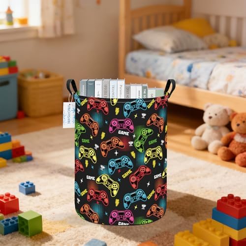 Round Laundry Basket Collapsible Boys Storage Hamper Organizer Game | Waterproof Canvas Foldable Baskets with sturdy Handles Multi-scene Organizer for Home Play Bedroom Gift Bin