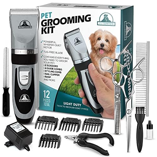 Pet Union Professional Dog Grooming Kit, Rechargeable, Cordless, Low Noise Dog Clippers for Grooming Thick Coats - Clippers, Nail Trimmer, Complete Grooming Set for Dogs, Cats and Other Pets (Chrome)