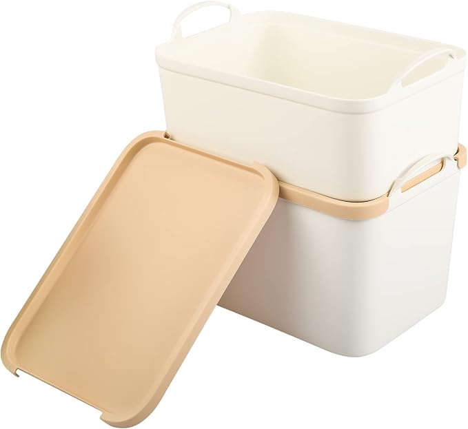 ANMINY White Plastic Storage Bins Baskets with Lids, 5-Pack, 2M+3S | Large Plastic Bins, Sturdy PET, with Handles, Stackable, Opaque Storage Boxes, for Closet Shelves Desk, Wheat Lids