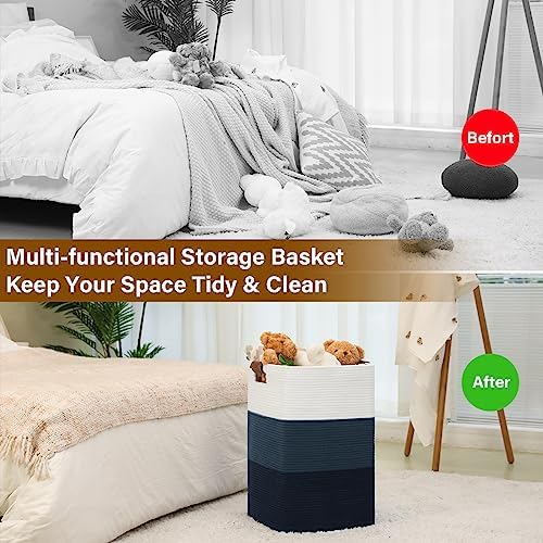 Laundry Hamper 96L Extra Large Laundry Basket, Woven Blanket Basket | Cotton Woven Storage Hamper with Handles for Living Room, Large Baskets for Pillows, Blankets, Clothes-Gradient Blue