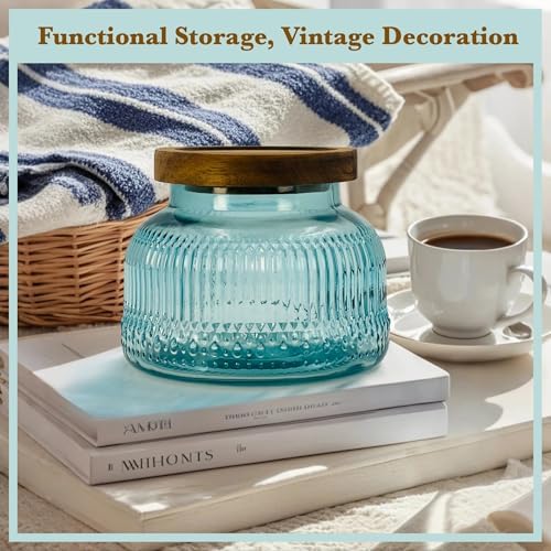 Decorative Blue Ribbed Glass Jar with Airtight Wooden Lid, 25.4 fl. oz | Wide mouth vintage storage canister, kitchen pantry bathroom organization, coffee sugar tea cookie candy candle vase gift