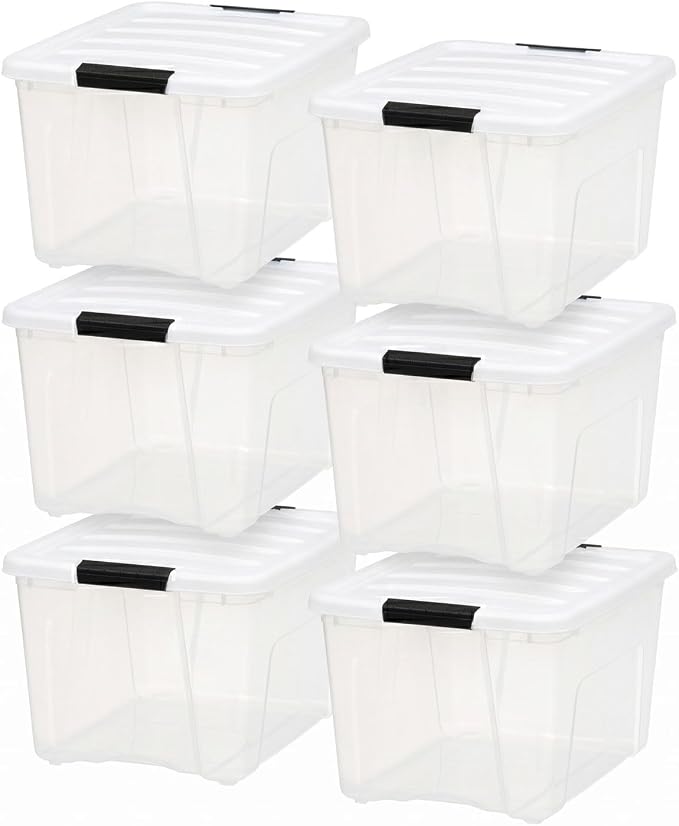 IRIS USA 40 Qt Storage Bins with Lids, 6 Pack, Clear/White | Versatile storage for clothing, linens, seasonal décor, closet organization, and shelving units.