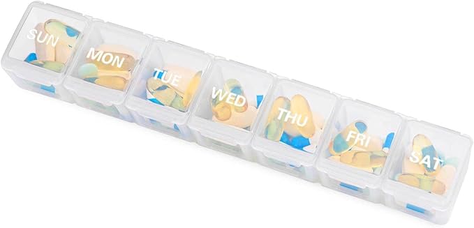 Sukuos Extra Large Weekly Pill Organizer, 7 Day Daily Pill Box Case Arthritis Friendly, Silkscreen Printed Medicine Container with Clear Lid for Vitamins, Fish Oils or Supplements (White)