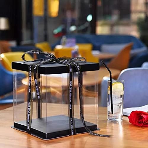 XININSUN 2Pcs Large Cake PET Clear Box, 10" X 10" X 9" with ribbon and pre-folded lid, for 8" cake packing carry, baking cookie display, Carry Tall Layer Gift, Festive Gift Box -Black | pre-folded lid, for 8" cake carrier, Carry Tall Layer Gift, Festiv...