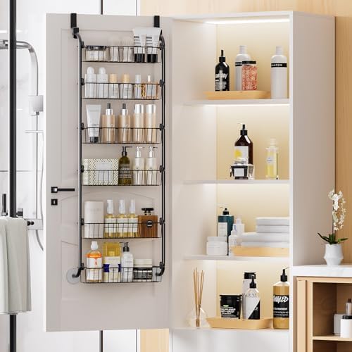 Delamu Over the Door Pantry Organizer, 6-Tier Metal Pantry Door Organization and Storage, Hanging Kitchen Basket Spice Rack Seasoning Shelves, Cabinet Door Organizer for Easy Install,D5xW18xH50inch