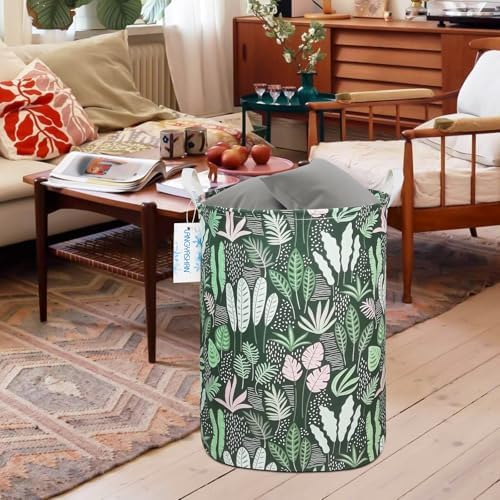 Round Laundry Basket Collapsible Storage Hamper Organizer Full Leaf | Waterproof Canvas Foldable Baskets with sturdy Handles Multi-scene Organizer for Home Play Bedroom Gift Bin