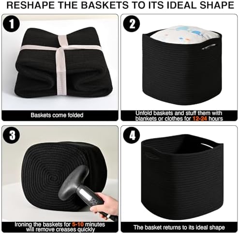 ICERZCZ 11 Inch Cube Storage Bins, Storage Cube Organizer Bins, Woven Cotton Rope Basket for Storage, Storage Baskets for Organizing Shelves, Square Baskets for Toys, Black (Pack of 3)