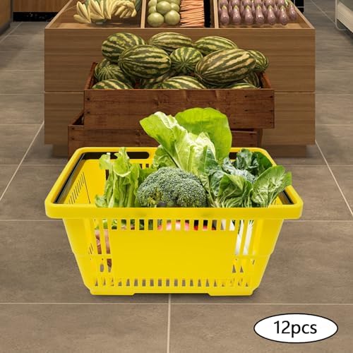 12 Pack Shopping Baskets with Handles, 18 L Plastic Shopping Cart(Yellow)