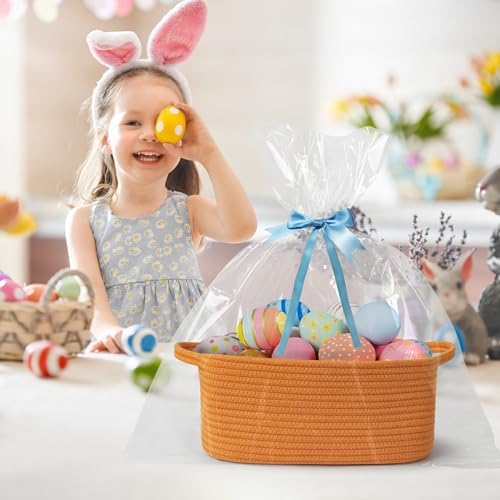 Cute Orange Woven Basket, Empty Gift Basket for Christmas, Thanksgiving, Easter, Birthday, Cotton Rope Storage Bin with Handle for Gift, Dog Toy Box, Baby Nursery Organizer, Orange Room Decor