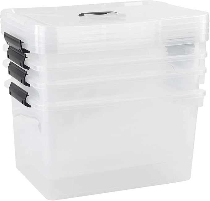 4-Pack 18 L Plastic Storage Box, Clear Latch Storage Bin with Lid | Clear Sturdy Plastic, Secure Side Latch Clips, Dustproof Sealed Lid