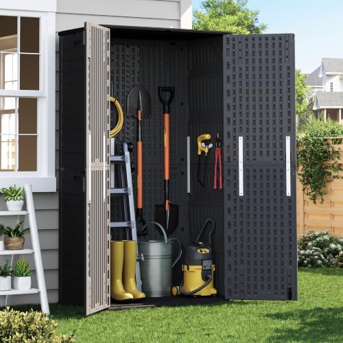 Tall Vertical Storage Cabinet with Floor & Lockable Double Doors, 61 Cuft Weather-Resistant Thickened Outdoor Resin Storage Shed for Patio, Garden and Garage, Black