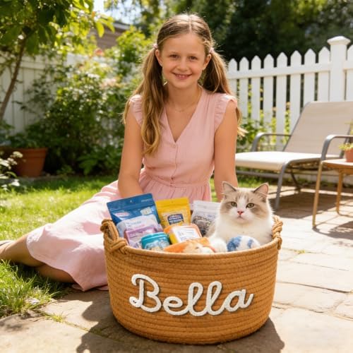 Personalized Dog Toy Storage Basket Custom Pet Woven Cotton Rope Bin with Name Customized Cotton Rope with Handle Storage Box for Pet Supplies Snacks Toys Clothing Blankets