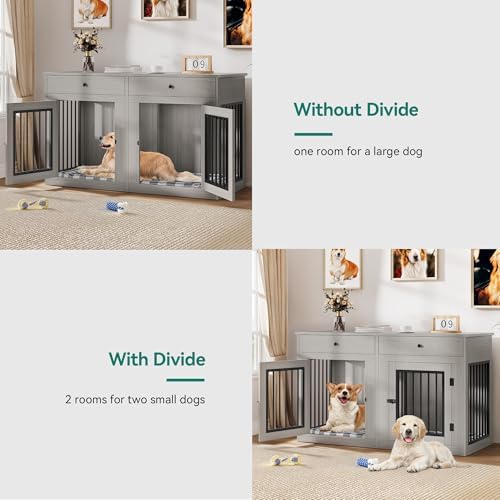 DWVO 60" Double Dog Crate Furniture for 2 Dogs with Storage Drawers